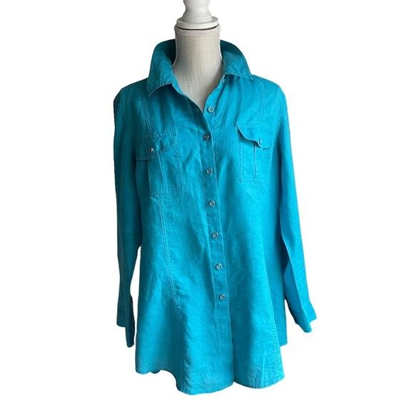 Chico's Blue Linen Button‎ Down with Front Pockets Shirt Size: 2 (M) - Picture 7 of 8